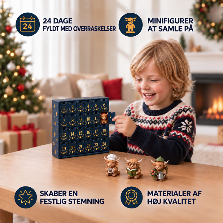 Smilende dreng i striktrøje åbner en nummereret låge i kalenderen, mens tre figurer står foran på bordet 7