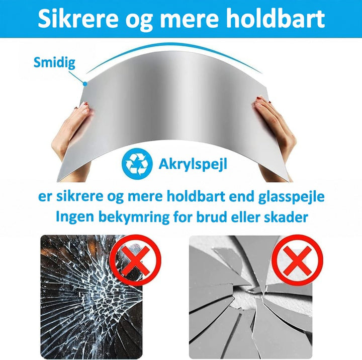 To hænder bøjer et fleksibelt spejlark, med to billeder af knust glas og knust spejl, der markerer, at arket ikke splintres. 7