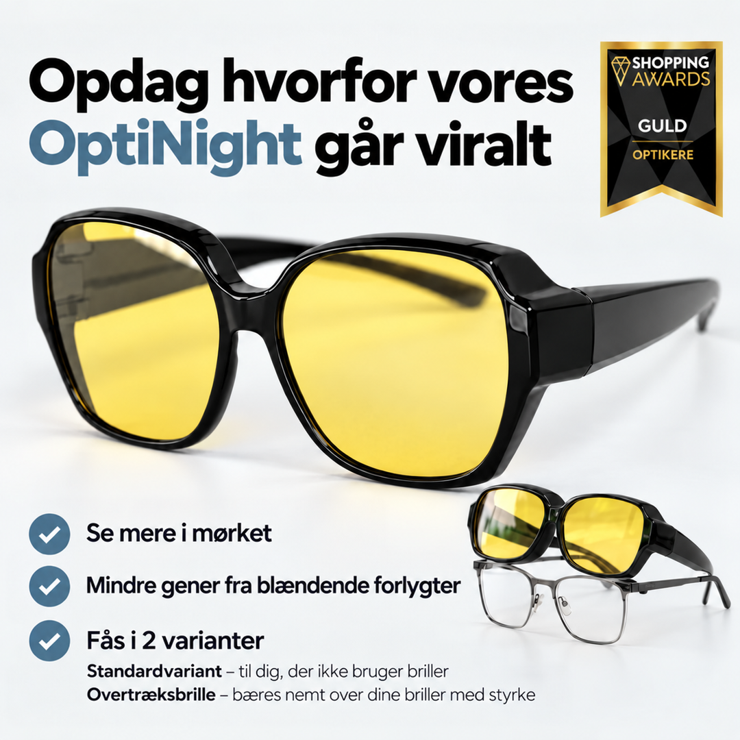 Brille med gule linser i forgrunden og to varianter nederst: en model til at tage over almindelige briller og en standardmodel. 4
