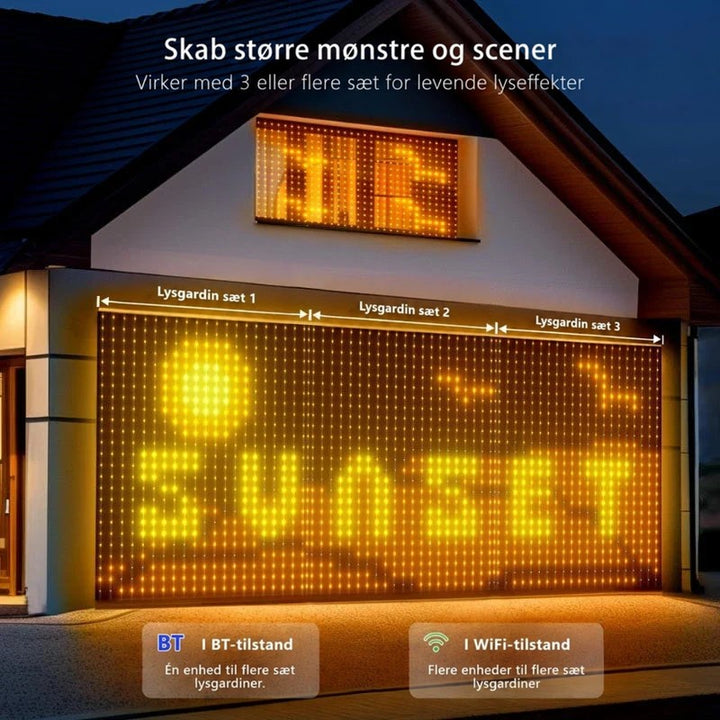 Tre lysgardiner side om side på en husfacade danner ét stort gult motiv med sol og tekst 8