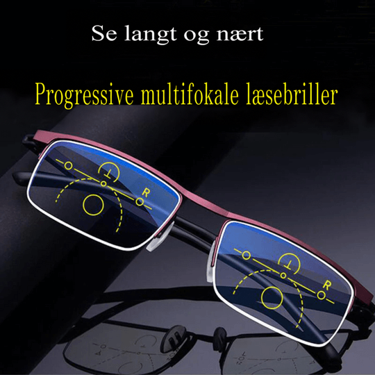 Progressive briller med vinrødt stel og halvrand, hvor glassene viser gule zonemarkeringer, på mørk baggrund. 3