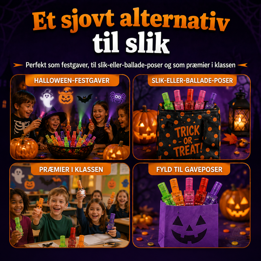 Fire brugsideer: festgaver, slikposer, klassepræmier og fyld til gavepose, vist med børn og farvede fingerlys 14