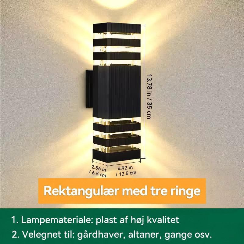 Rektangulær væglampe med tre lysbånd i hver ende, vist med målangivelser for højde, bredde og dybde 18
