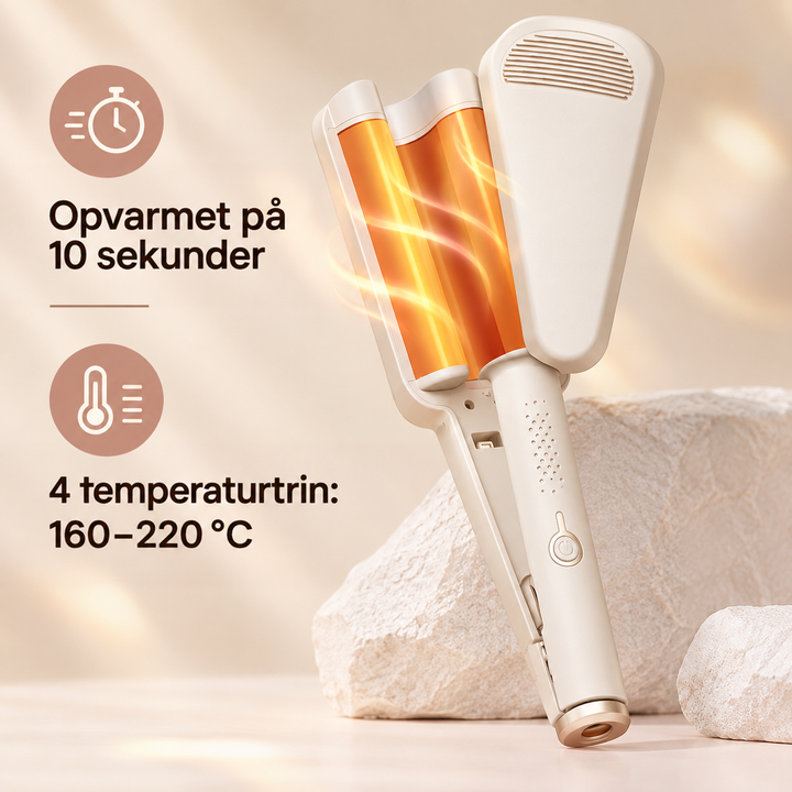 Åbent beige bølgejern med glødende orange varmeplader, ikoner for hurtig opvarmning og fire temperaturtrin 12