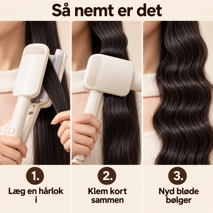 Tre trin: hårpartie lægges i jernet, presses sammen, og resultatet er bløde mørke bølger 14