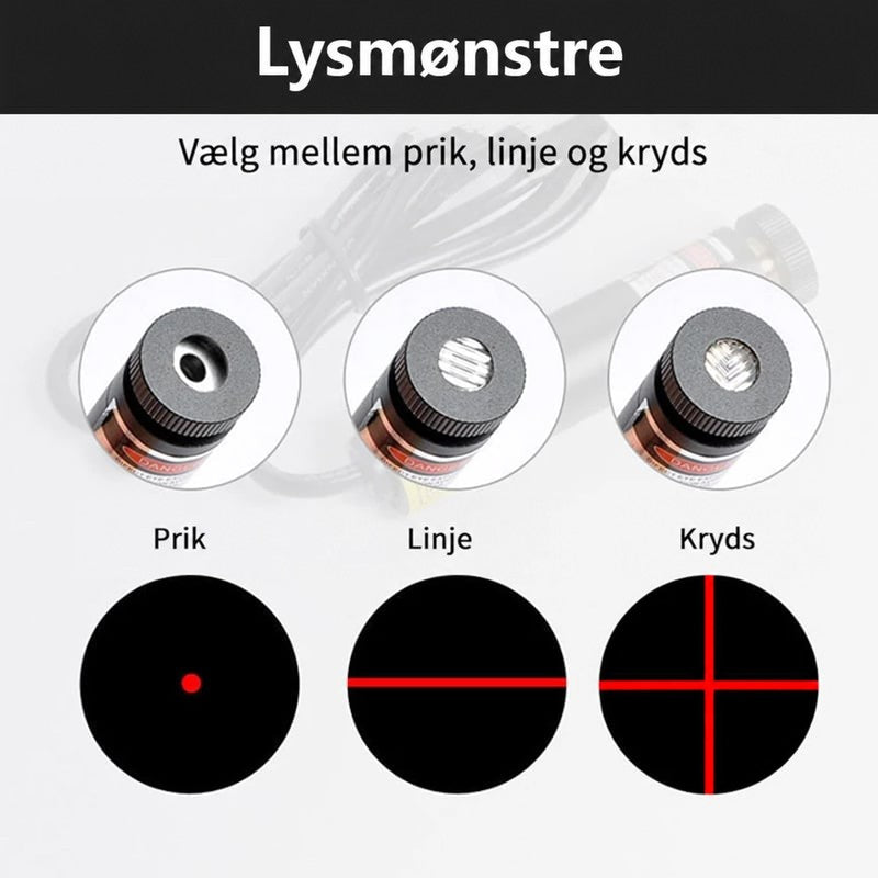 Nærbilleder af laserhovedets tre linser med de tilsvarende røde mønstre: punkt, streg og kryds 7