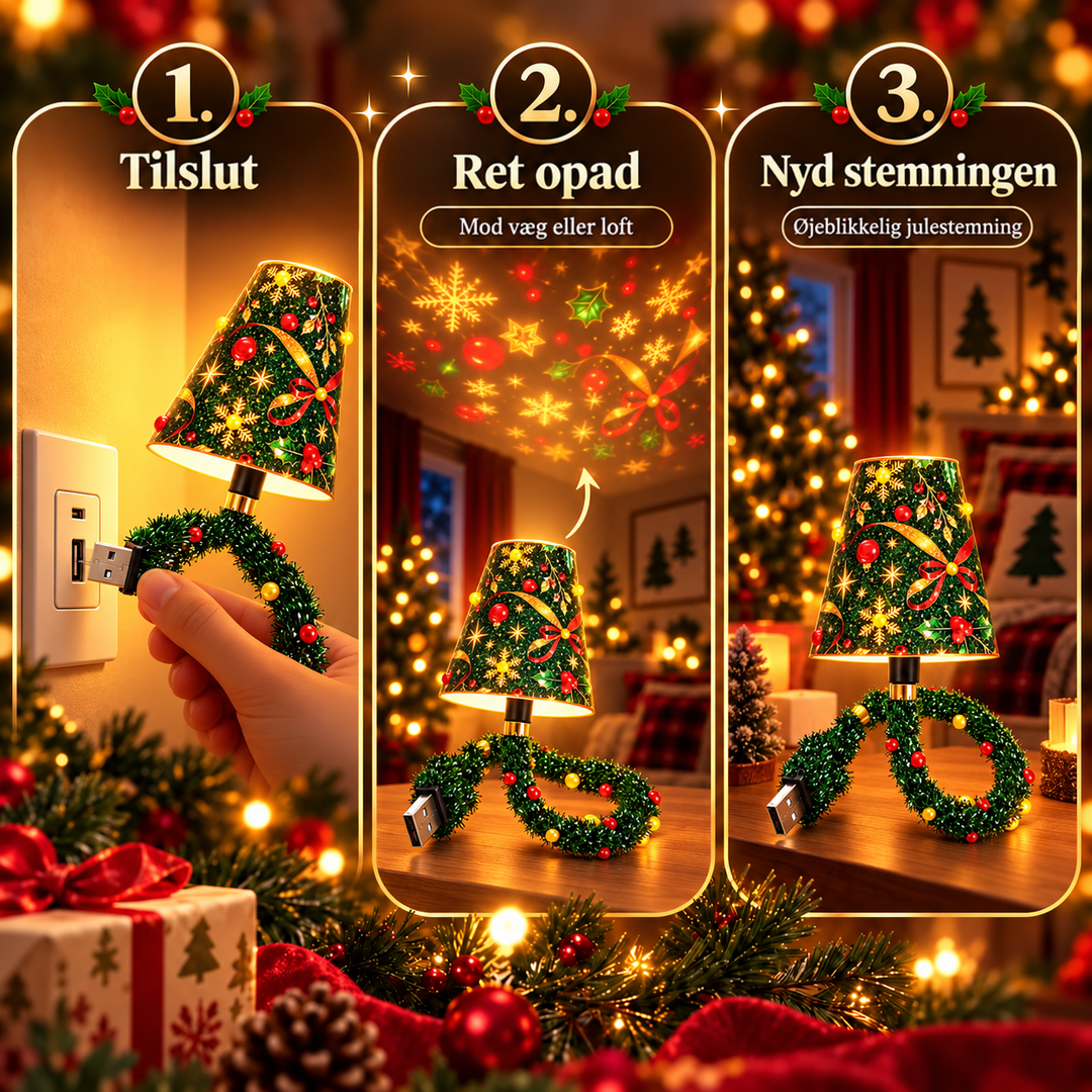 Tredelt billede med brugen: lampen sættes i stikkontakten, rettes op mod væg eller loft og skaber julestemning i stuen. 3