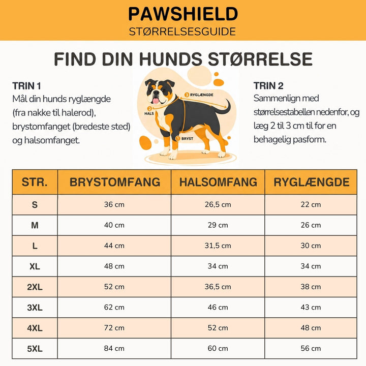 Størrelsesguide med illustration af en hund og tabel over bryst-, hals- og rygmål fra S til 5XL. 10