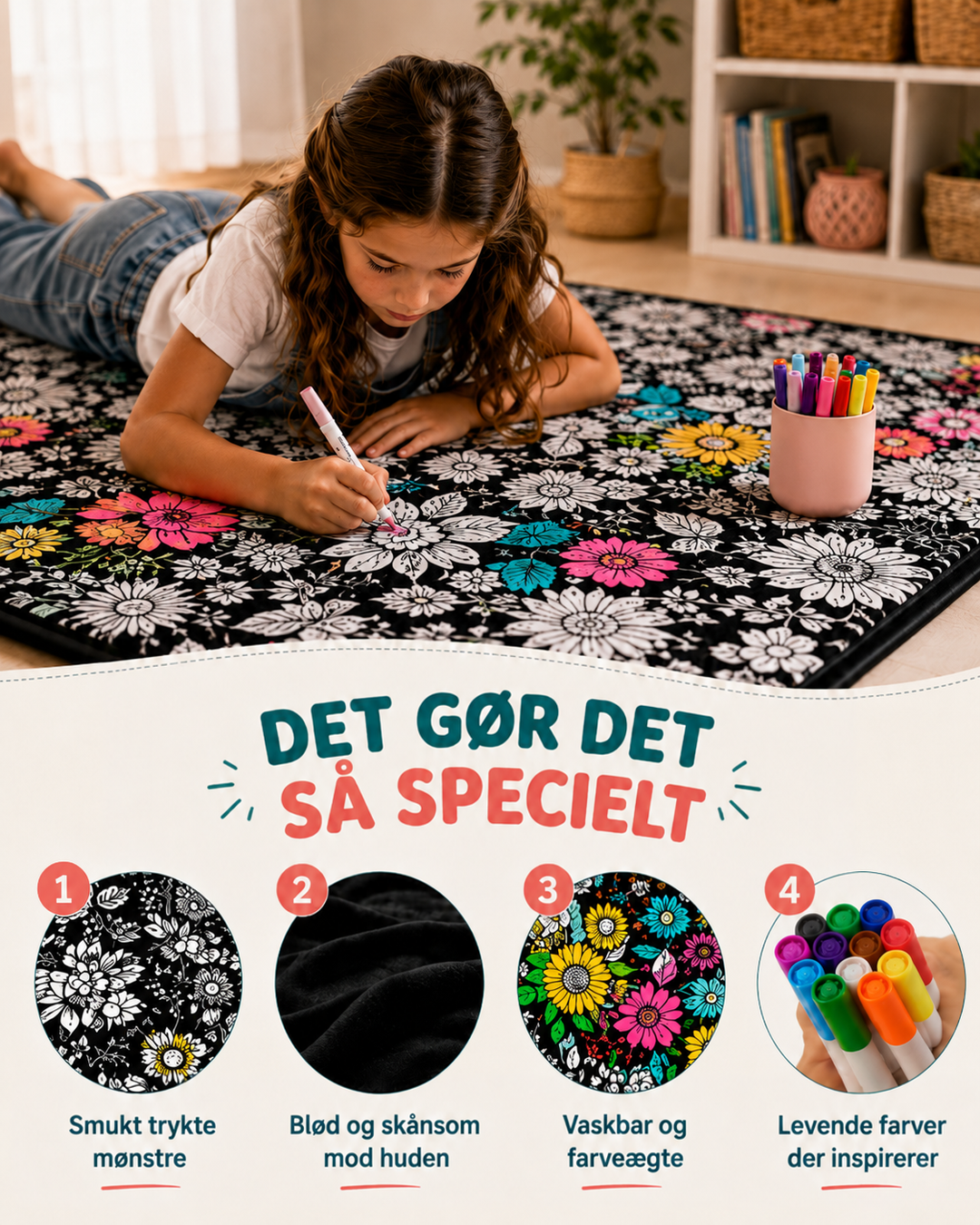 Pige ligger på maven og farvelægger blomster på tæppet; cirkler viser mønster, blød velour og tuscher 6