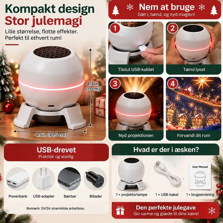Infografik med projektorens mål, firetrins brug, USB-strømkilder og indholdet i æsken 1