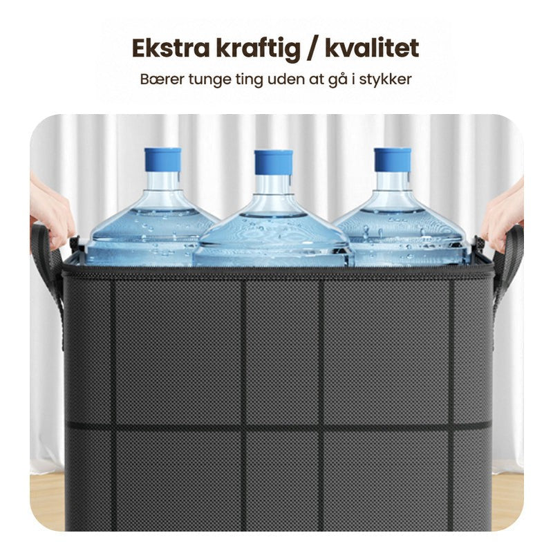 Opbevaringstaske fyldt med tre store vanddunke, som viser at den kan bÃ¦re tunge ting uden at rÃ¦ve. 9