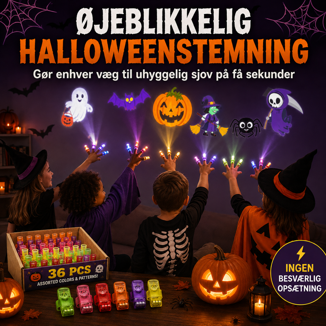 Børn i Halloween-kostumer holder fingerlys op mod væggen med seks projicerede motiver, med en æske og lysene foran 12