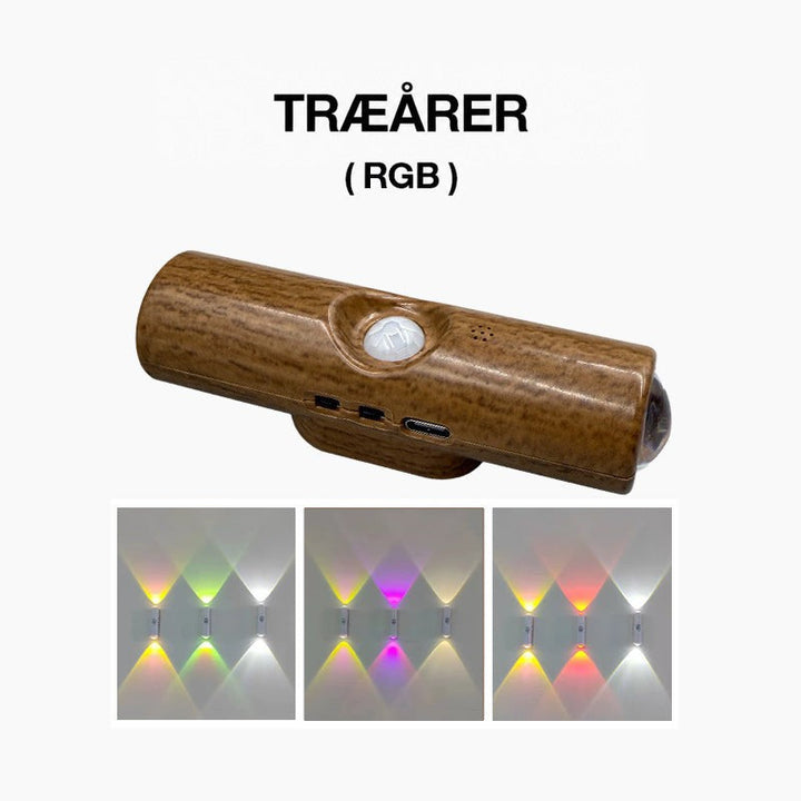 Væglampe med træåre-look i brun, med sensor og USB-C-port, og tre farveskiftende RGB-eksempler 6
