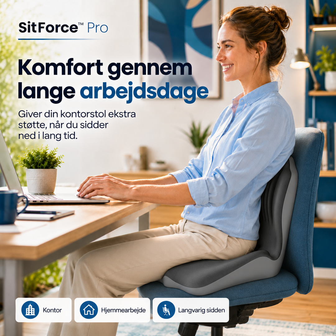 Kvinde arbejder ved computeren på en blå kontorstol med hyndet som støtte i ryggen 8