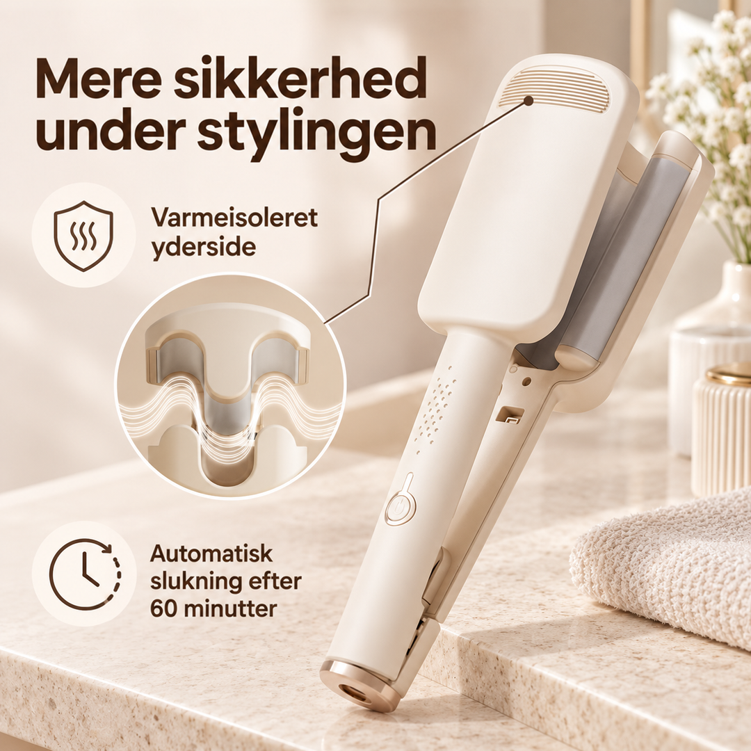 Beige bølgejern på en marmorbordplade med forstørret udsnit af pladerne og ikoner for sikkerhed 13
