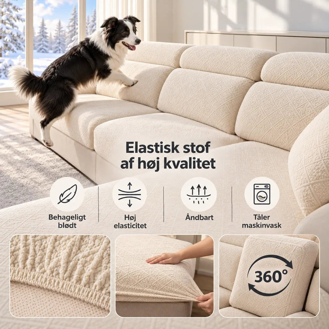Cremefarvet overtræk med hund på sofaen og ikoner for blødt, elastisk, åndbart og maskinvaskbart materiale 4