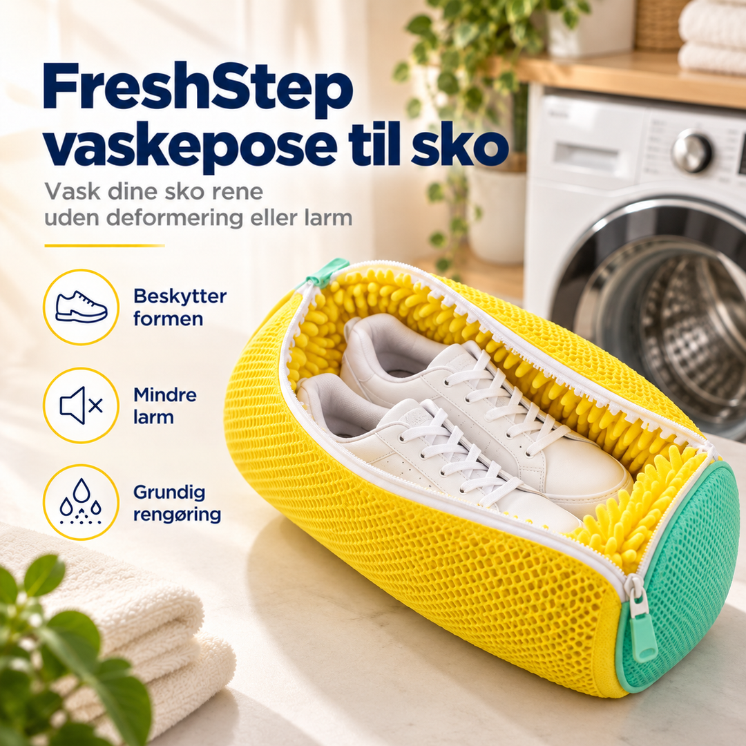 Gul netpose med turkis ende og åben lynlås med hvide sneakers, foran en vaskemaskine 1