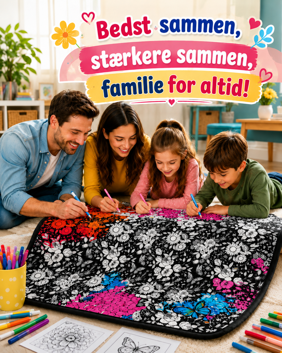 Familie på fire farvelægger sammen et sort-hvidt blomstertæppe på gulvet, delvist farvet med tuscher 3