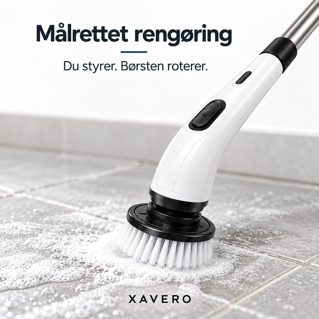 Nærbillede af det roterende børstehoved og det hvide håndtag, der skurer skumbedækkede fliser 6