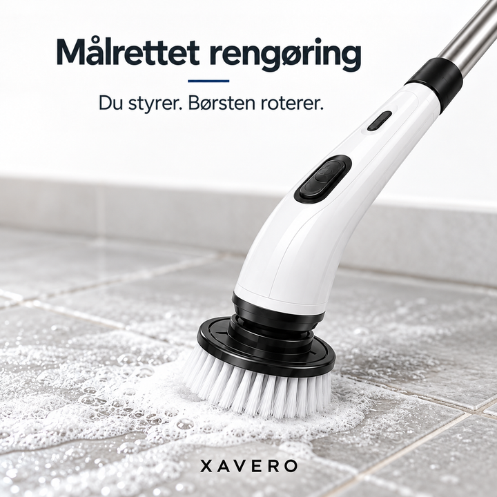 Nærbillede af det roterende børstehoved og det hvide håndtag, der skurer skumbedækkede fliser 6