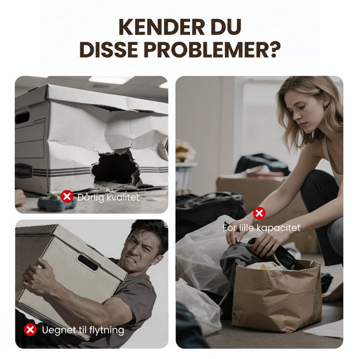 Collage af problemer med almindelig opbevaring: en itu revet papkasse, en mand der slÃ¦ber en tung kasse og en kvinde ved en for lille papirpose. 2