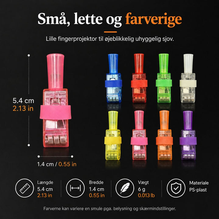 Pink fingerlys målt op i længde og bredde ved siden af otte andre farver på sort baggrund 11