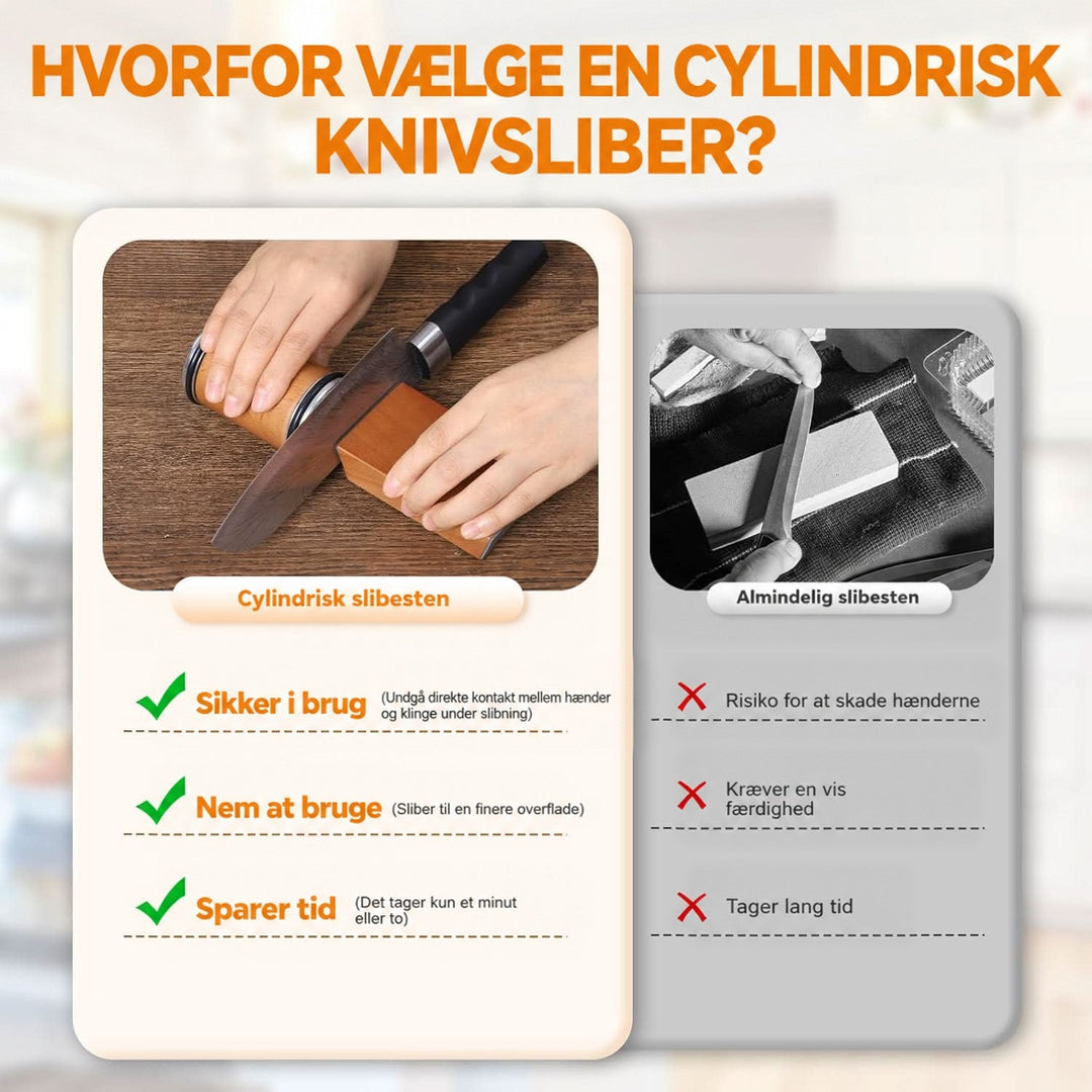 Sammenligning af den rullende slibecylinder med en almindelig slibesten, der opstiller fordele som sikker og hurtig brug. 8