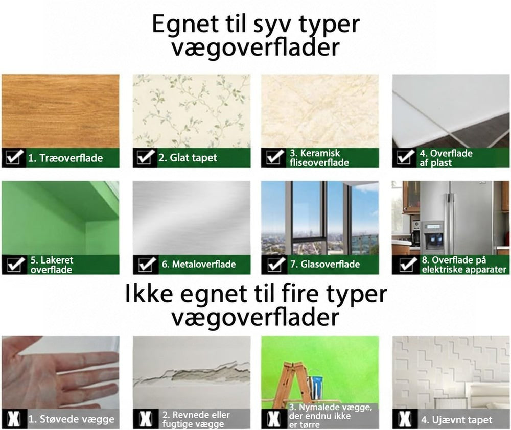 Oversigt med små billeder af overflader, der egner sig til spejlarket, som træ, tapet, fliser og glas, og overflader, der ikke egner sig. 5