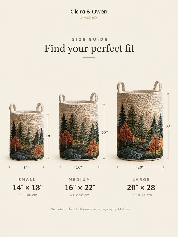 Størrelsesguide med tre kurve med skovmotiv i small, medium og large, med mål i tommer og centimeter. 14