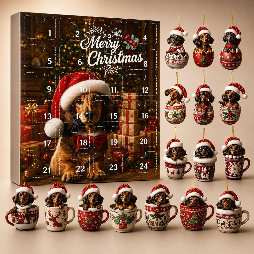 Julekalenderen med 24 nummererede låger og en gravhund med nissehue, omgivet af ophængsfigurer med gravhunde i kopper og æg. 1