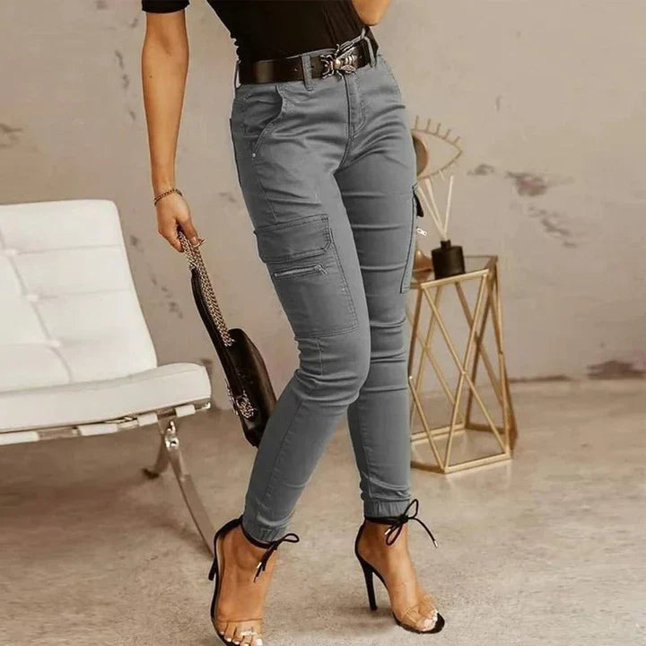 Dame cargo jeans med elastiske ribkanter – Nadine