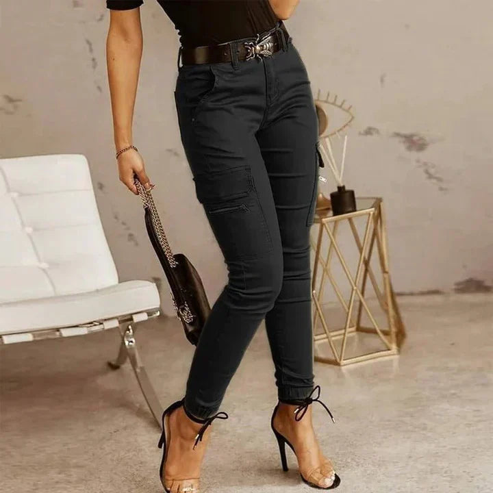 Dame cargo jeans med elastiske ribkanter – Nadine