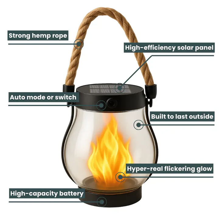Lanterne med pile, der peger på solcellepanel, kontakt, reb, batteri og den flimrende flamme 4