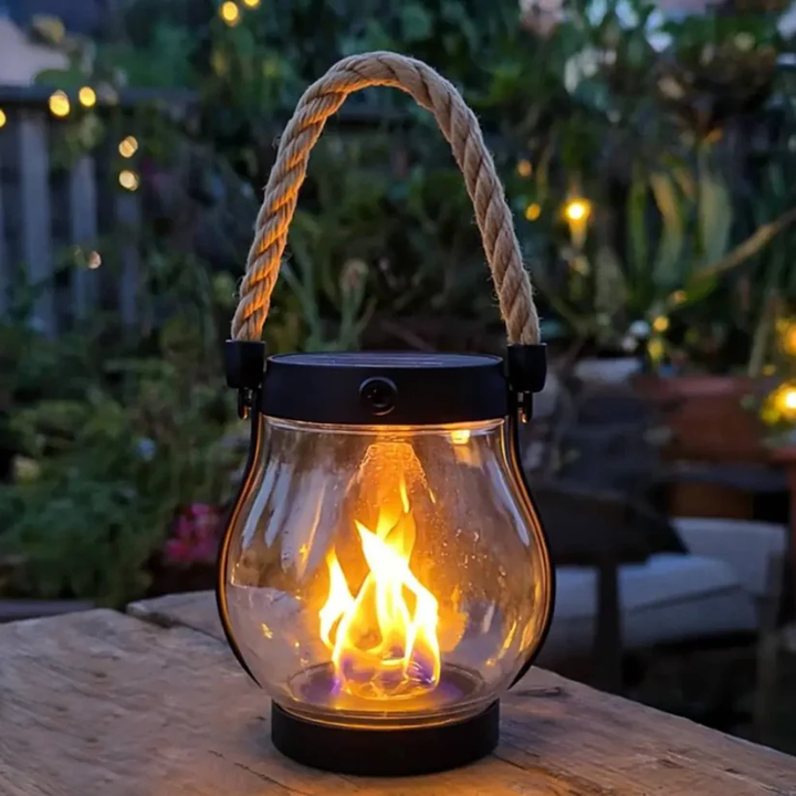 Lanterne med flimrende flamme og tovhank på et træbord i en have med lyskæder 9