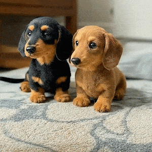 En sort og en brun plysgravhund sidder side om side på et mønstret tæppe. 5