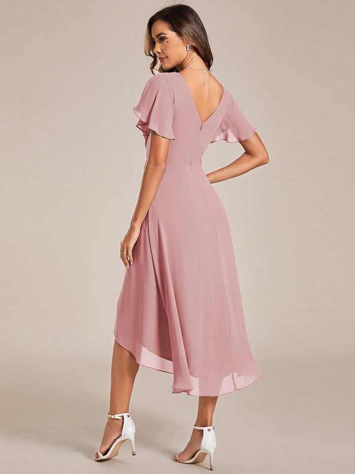 Chiffon kjole til bryllupsgæst med V-hals og korte ærmer 125