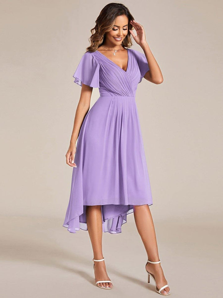 Chiffon kjole til bryllupsgæst med V-hals og korte ærmer 104