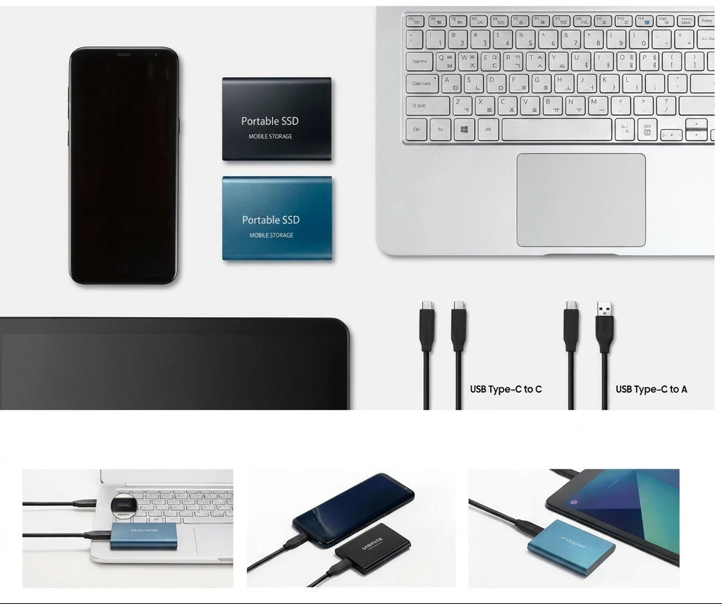 Flat lay med to SSD'er, telefon, bærbar og kabler samt tre billeder af drevet tilsluttet enheder 5