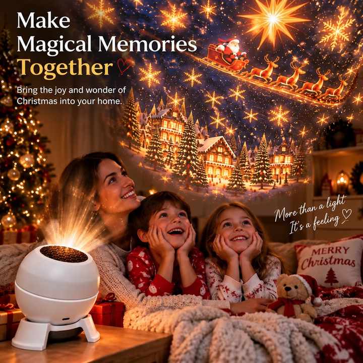 En mor og to børn i julepyjamas ligger under et tæppe og ser op på projektorens julemotiver på væggen. 6