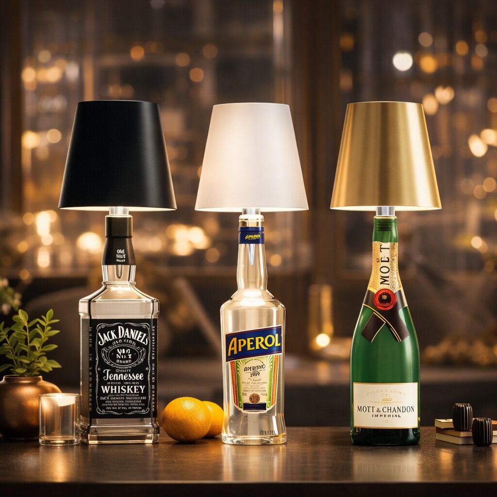 Tre flaskelamper med sort, hvid og guld skærm på flasker ved en bar med varme lys 1