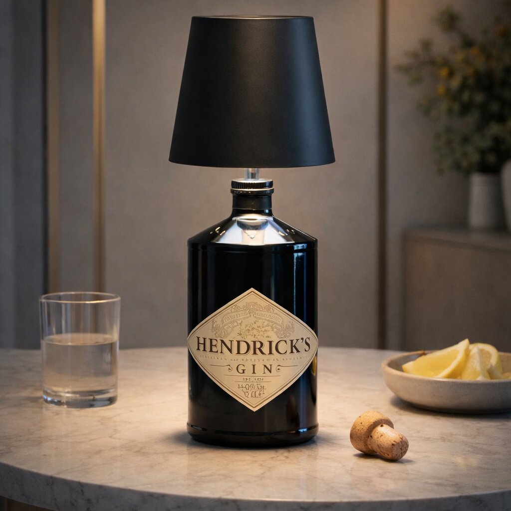 Sort flaskelampe på en mørk ginflaske på et marmorbord med glas, citronskiver og en prop 9