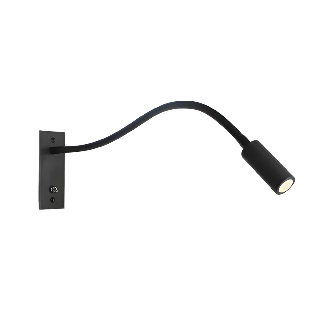 Mat sort lampe med bøjelig svanehals, rektangulær vægplade med vippekontakt og cylindrisk lampehoved, frit stillet mod hvid baggrund. 1