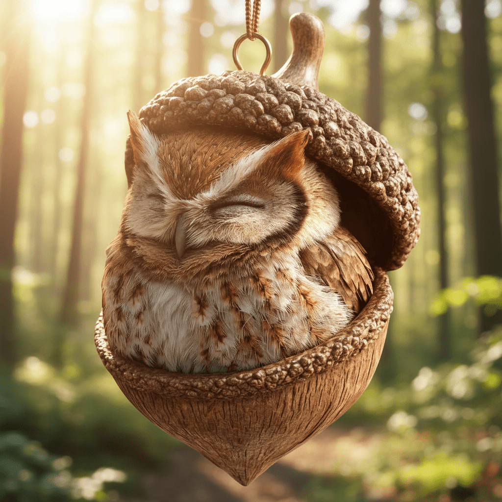 Sovende ugle i et agern, der hænger i en guldkrog i en solrig skov 6