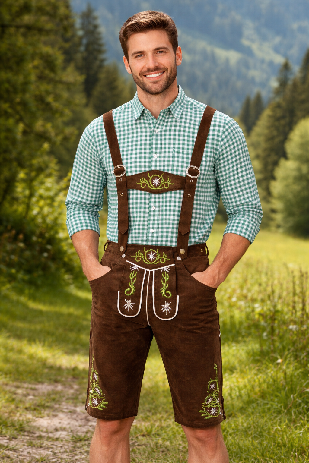 Samme brune lederhosen med broderede seler og grøn tern skjorte båret udendørs på en græsklædt sti med skov og bjerge i baggrunden. 2