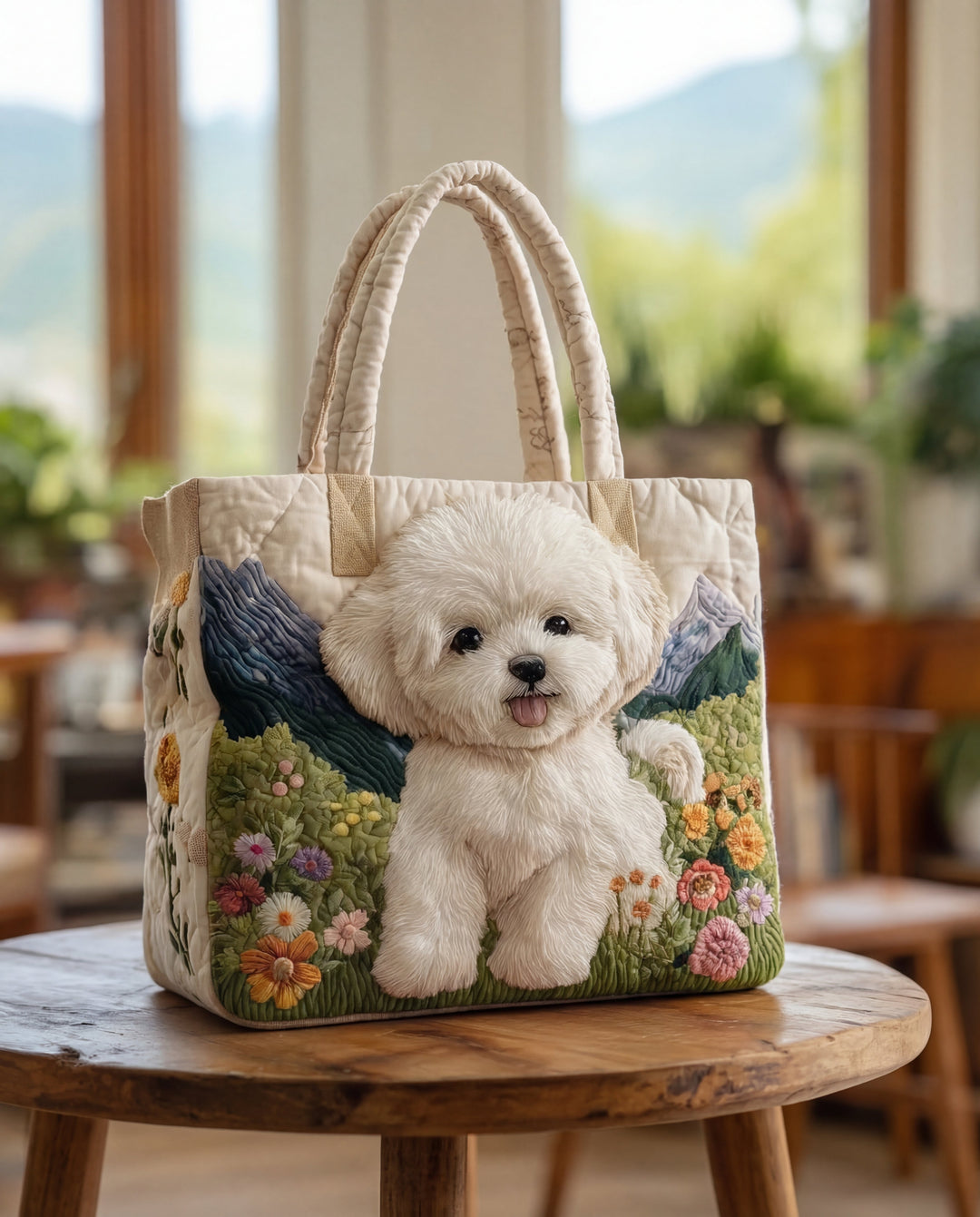 Cremefarvet vatteret totebag med en fluffy hvid hvalp mellem blomster og bjerge, placeret på et rundt træbord i et lyst rum. 1