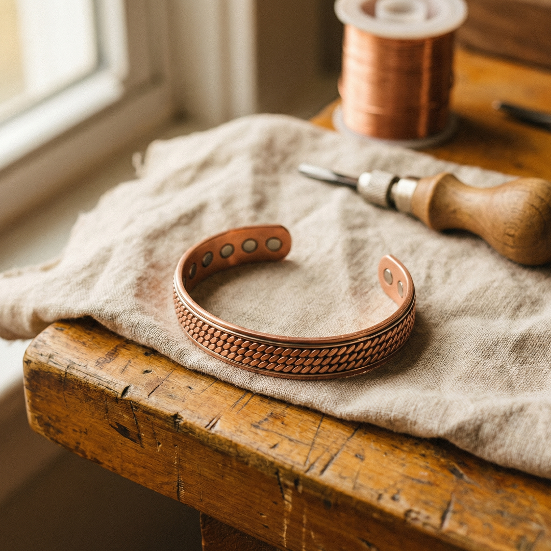 Åben kobberarmring med rebmønster og magneter på indersiden, liggende på linnedstof ved en kobbertrådsspole 1