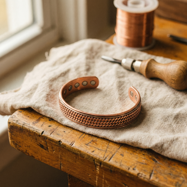 Åben kobberarmring med rebmønster og magneter på indersiden, liggende på linnedstof ved en kobbertrådsspole 1