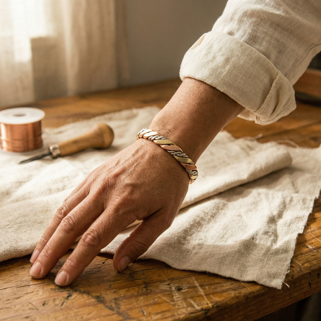Armbåndet båret på et håndled, mens hånden hviler på en lærredsdug ved en arbejdsbænk 2