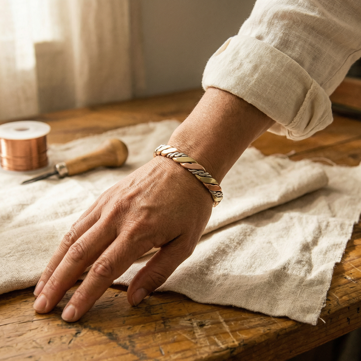 Armbåndet båret på et håndled, mens hånden hviler på en lærredsdug ved en arbejdsbænk 2