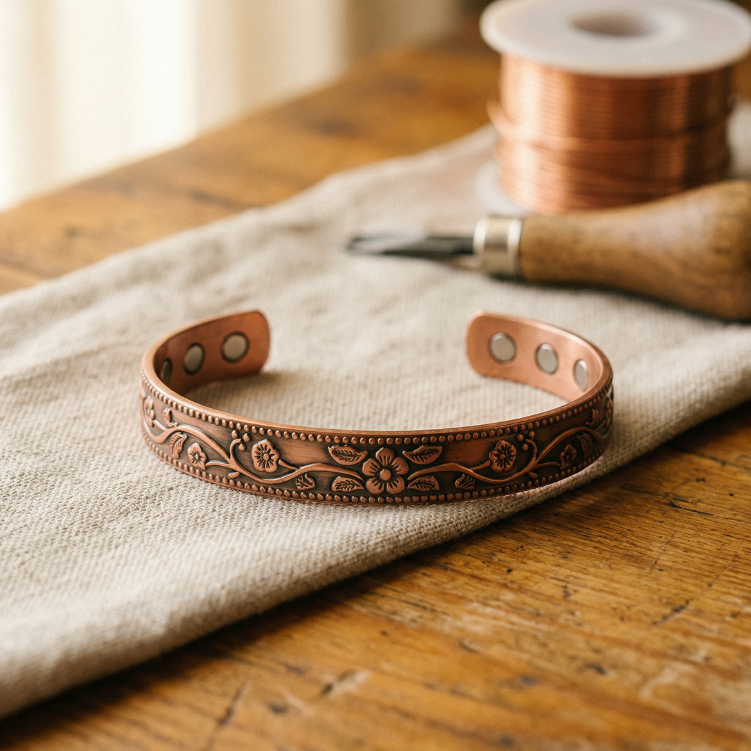 Åbent kobberarmbånd med graverede blomster og perlekant, magneter inde i enderne, på linnedstof 1